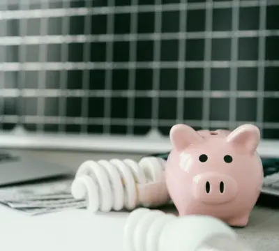 Glühbirnen und Sparschwein liegen auf einem Schreibtisch