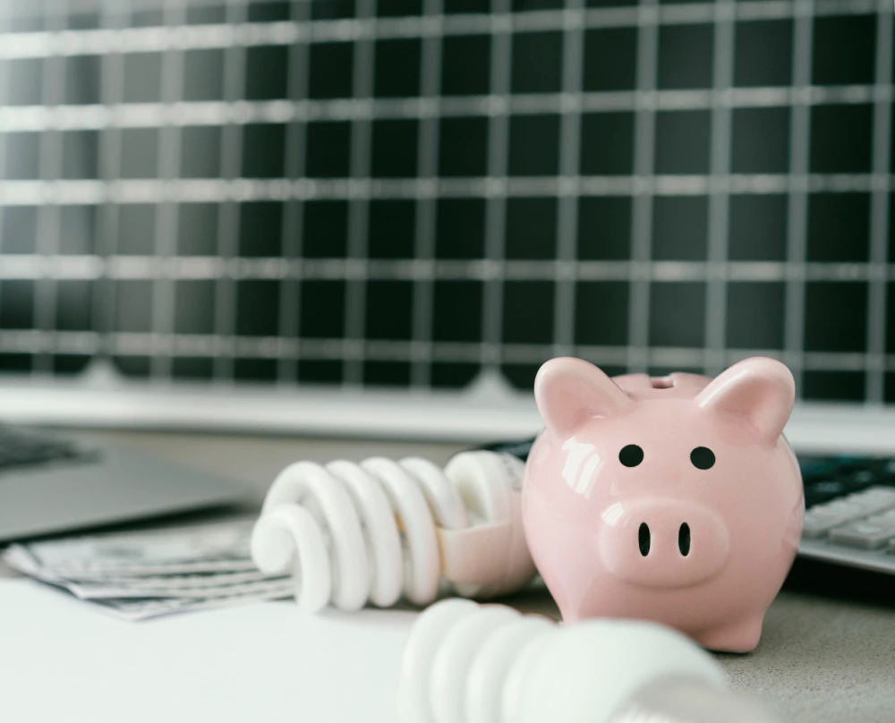 Glühbirnen und Sparschwein liegen auf einem Schreibtisch