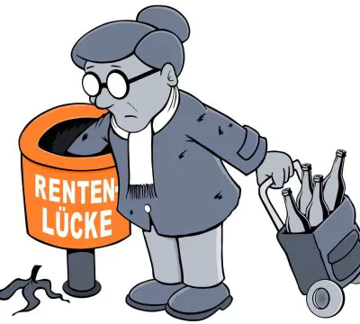 Karikatur einer älteren Dame, die Pfandflaschen aus einem Müll mit der Aufschrift "RENTENLÜCKE" sammelt