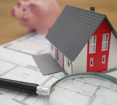 Hausmodell und Lupe auf einem Grundriss liegend mit einem Sparschwein im Hintergrund