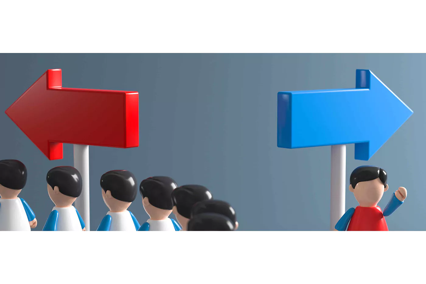 roter Pfeil (rechts) dem mehrere Spielfiguren folgen, blauer Pfeil (links) dem nur eine Spielfigur folgt