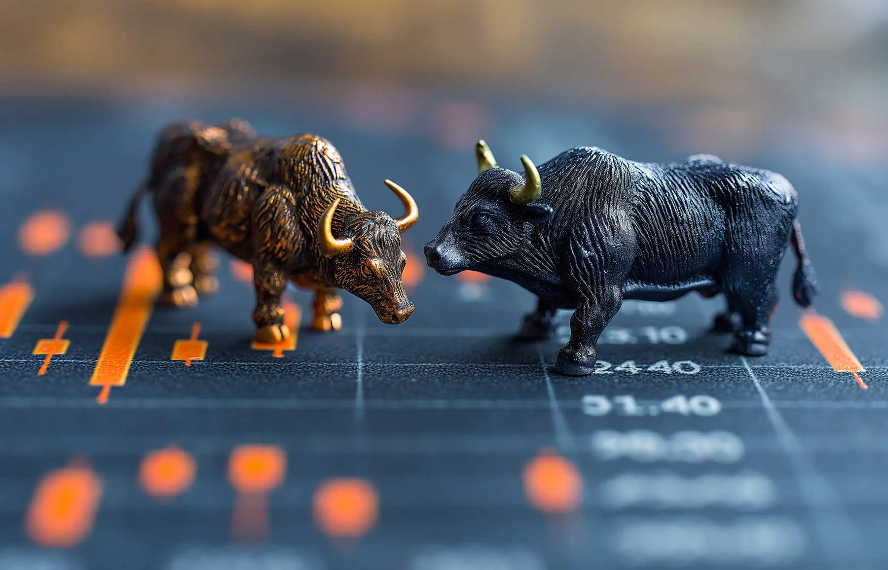 Zwei Stierfiguren auf einem Finanzchart, symbolisch für die Börsenentwicklung